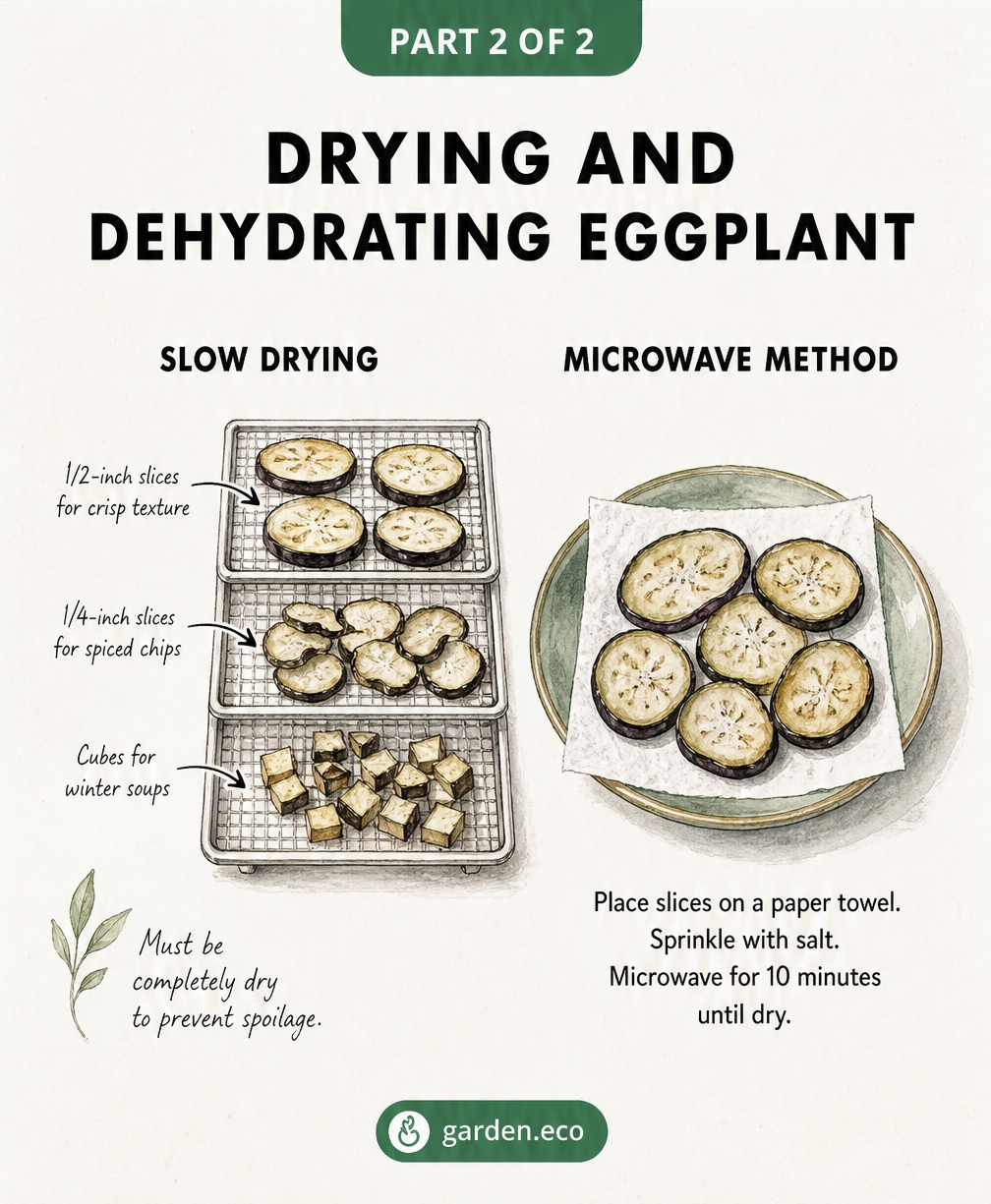 Illustration showing how to dehydrate eggplant slices and a quick microwave drying method.