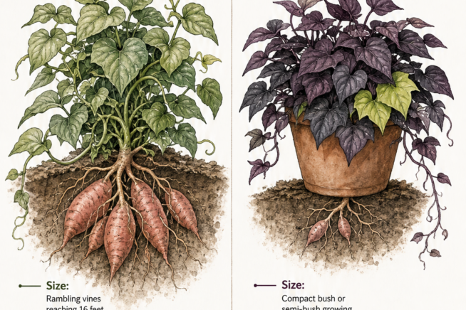 Comparison illustration of edible sweet potato vines with large tubers versus compact ornamental varieties with colorful leaves.