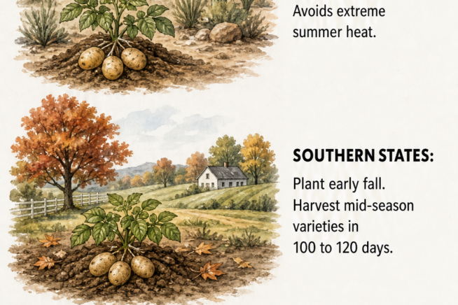 Illustration showing fall potato planting strategies for desert regions, southern states, and up to USDA Zone 5.