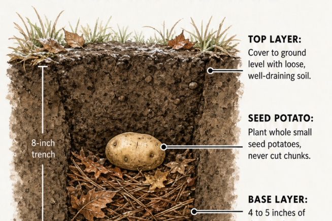 Cross-section illustration of the trench method for planting fall potatoes, showing layers of decaying leaves, seed potatoes, and loose soil.