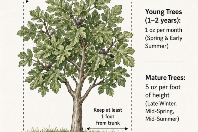 Botanical illustration showing the drip zone of a fig tree and fertilizer dosage instructions based on tree age