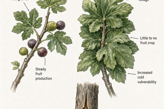 Illustration comparing a healthy fig branch with fruit to an over-fertilized branch with dense foliage but no fruit