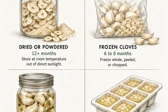 Four methods for preserving garlic: dried or powdered, frozen cloves, pickled or fermented, and frozen in oil.