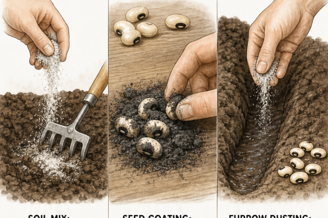 Three hand-drawn vignettes showing how to apply bean inoculant: mixing into soil, coating seeds, and dusting a furrow.