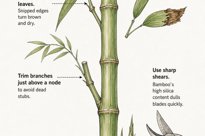Botanical illustration showing how to properly trim bamboo culms, branches, and leaves using sharp shears.