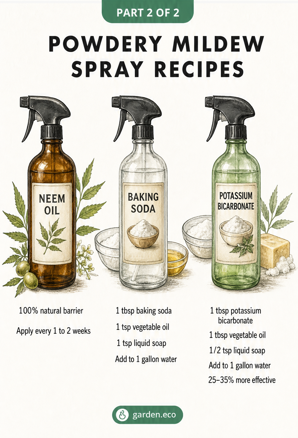 Three vintage apothecary spray bottles showing natural powdery mildew spray recipes including neem oil, baking soda, and potassium bicarbonate.