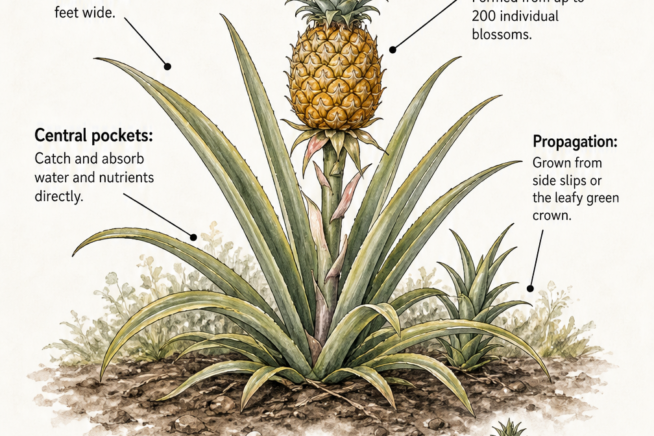 Botanical illustration of a mature pineapple plant growing on the ground, showing sword-like leaves, central pockets, and fruit formation.