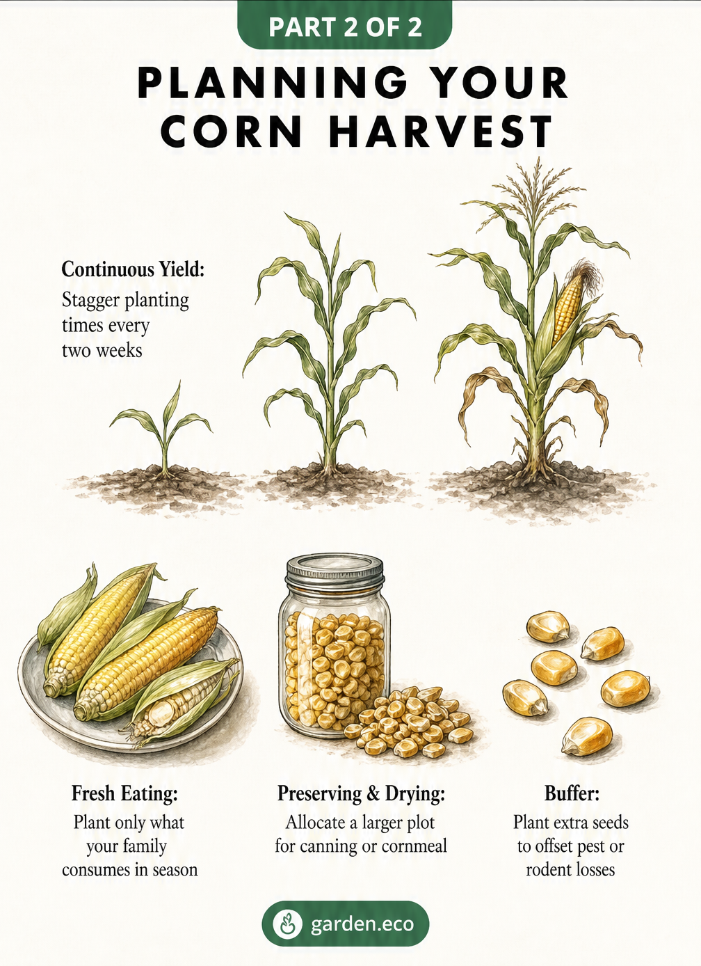 Illustration showing staggered corn planting rows, fresh corn on a plate, and preserved corn in a jar.