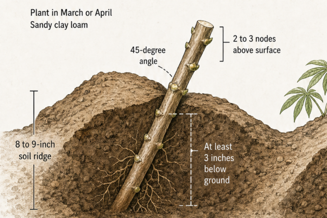 Cross-section illustration of planting a cassava sett on an 8 to 9-inch soil ridge at a 45-degree angle, spaced 3 feet apart.