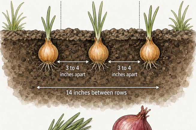 Diagram showing how to plant onion sets in a garden bed with proper spacing and depth.