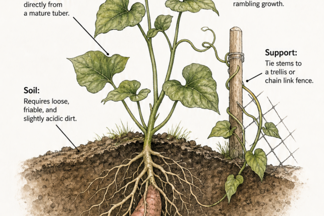 Botanical illustration showing how to plant sweet potato vine slips with roots in the soil, including spacing and support tips.