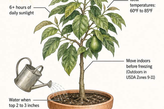 Illustration of an established potted avocado tree with care instructions for sunlight, temperature, and watering.