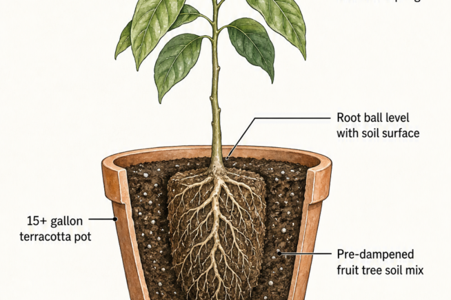 Cross-section illustration of a young avocado sapling planted in a terracotta pot with labels showing soil level and catchment tray.