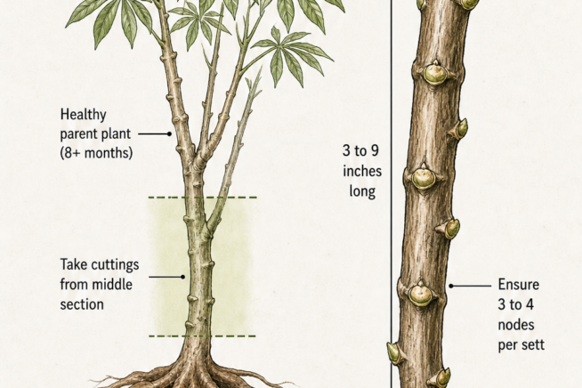 Illustration showing how to prepare cassava cuttings, highlighting a healthy parent plant, a 3 to 9 inch sett with 3 to 4 nodes, and a sterilized garden knife.