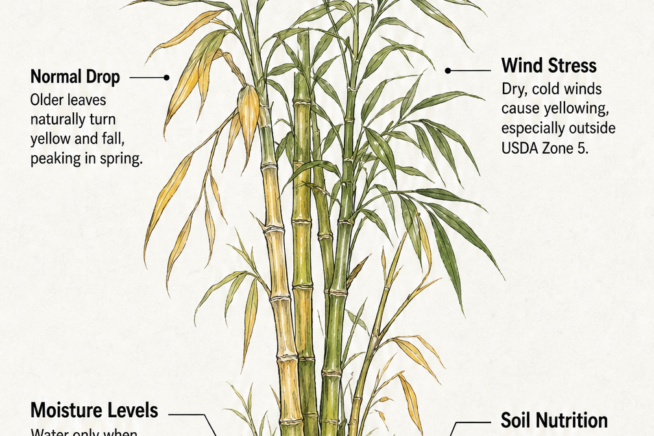 Botanical illustration showing four common reasons why bamboo leaves turn yellow, including normal drop, wind stress, moisture levels, and soil nutrition.