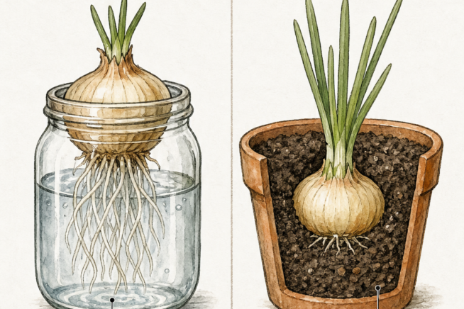 Illustration showing how to regrow onion bottoms in water using a mason jar and in soil using a terracotta pot.