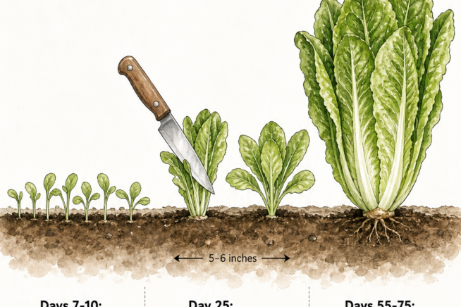 Botanical illustration showing the growth stages of romaine lettuce from seedlings to a full head ready for harvest.