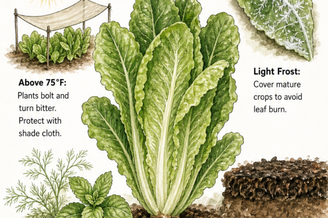 Illustration of a romaine lettuce plant showing temperature needs, soil preparation, and companion plants like mint and dill.