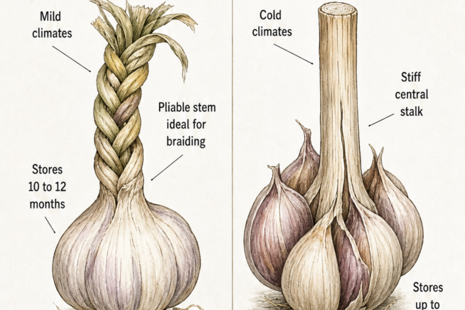 Illustration comparing softneck and hardneck garlic varieties, showing their stems, climate preferences, and storage times.