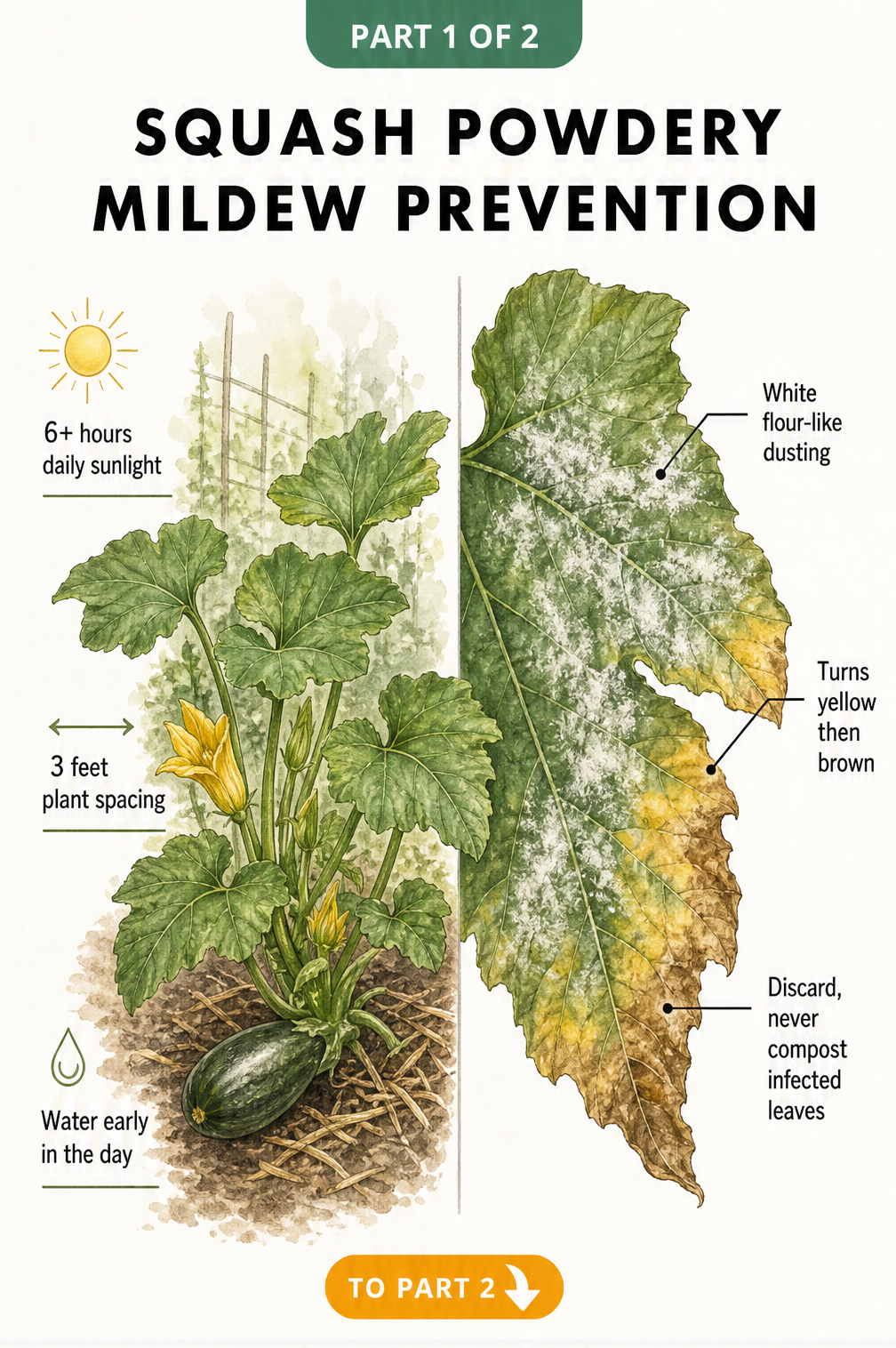 Hand-drawn illustration comparing a healthy squash plant with proper spacing and sunlight to a powdery mildew infected leaf with white flour-like dusting.