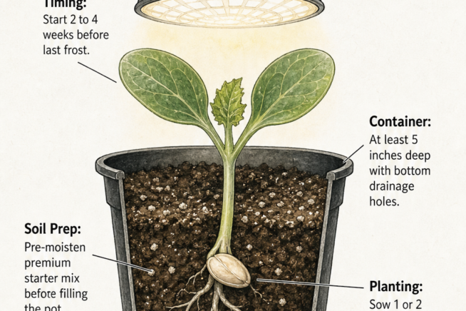Botanical cross-section illustration showing a squash seed planted in a starter pot under a grow light, detailing soil depth and timing.