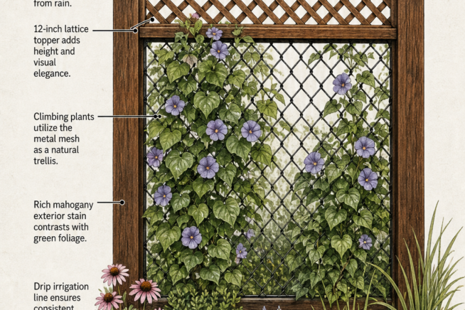 Illustration of a wood and chain link fence styled with a lattice topper, climbing morning glory vines, and a drip irrigation line.