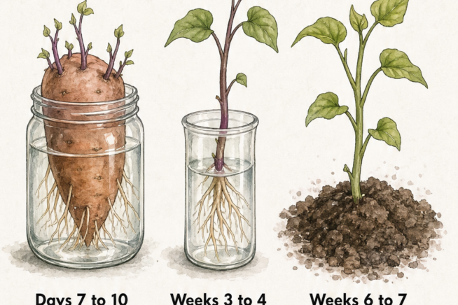 Timeline illustration showing the growth stages of a sweet potato slip, from initial sprouts in a jar to rooting in water and transplanting into garden soil.