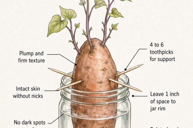 Botanical illustration showing a sweet potato suspended in a glass of water with toothpicks, highlighting the ideal setup for sprouting.
