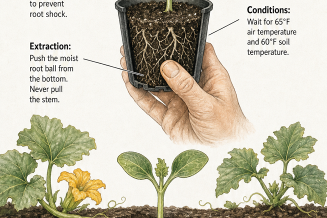 Botanical illustration showing how to gently push a squash seedling out of its pot and the correct planting hole proportions in the garden soil.