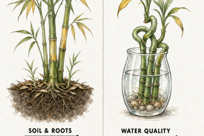 Comparison sketch of true garden bamboo and lucky bamboo showing different causes for yellowing leaves and stems.