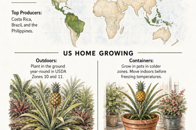 Editorial style illustration showing where pineapples thrive, comparing outdoor garden planting in warm zones to container growing in colder climates.