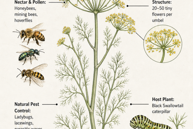 Botanical illustration of a fennel umbel showing its role in the garden ecosystem, including nectar for bees and natural pest control by ladybugs.