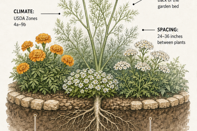 Illustrated garden bed cross-section showing fennel placement, spacing, companion plants like marigolds, and soil requirements.