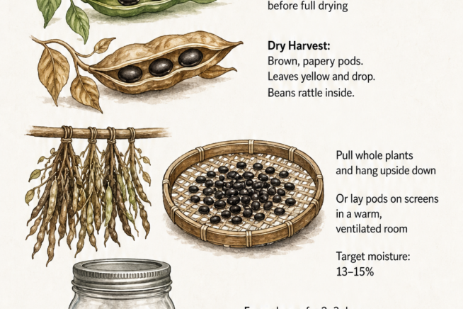 Visual guide showing the process of harvesting, drying, and storing black beans in glass jars.