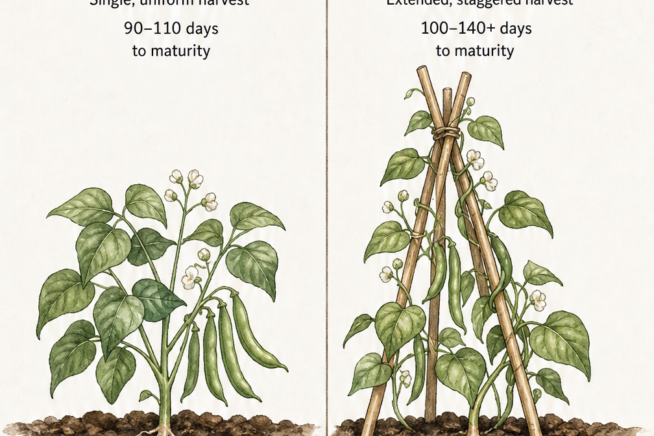 Illustration comparing bush and pole black bean varieties with planting depth, spacing, and soil temperature requirements.