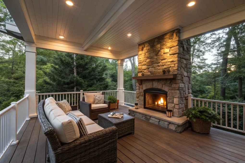 14+ Cozy Covered Deck Ideas with Fireplaces