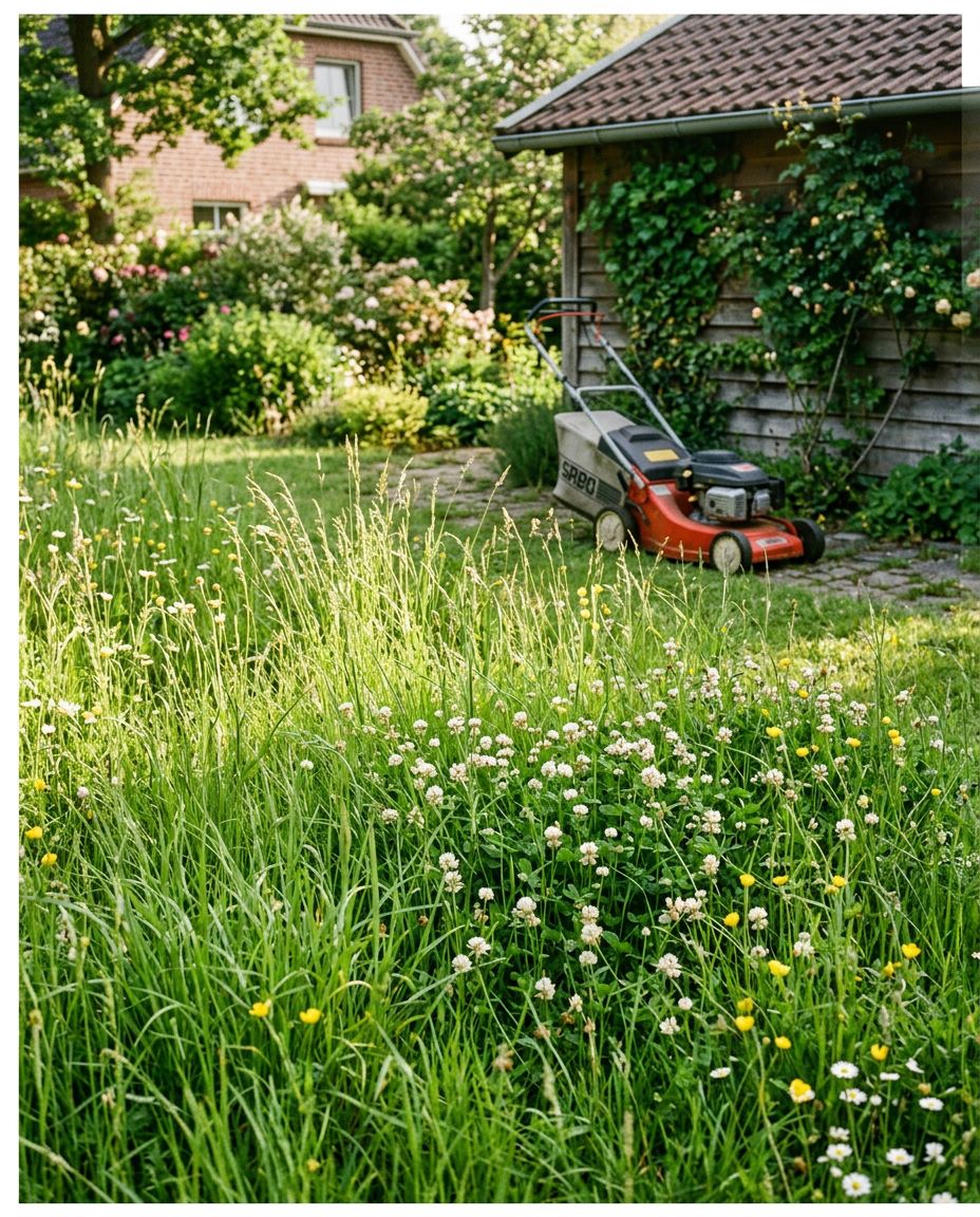 An idle lawnmower sitting behind a lush, overgrown spring lawn