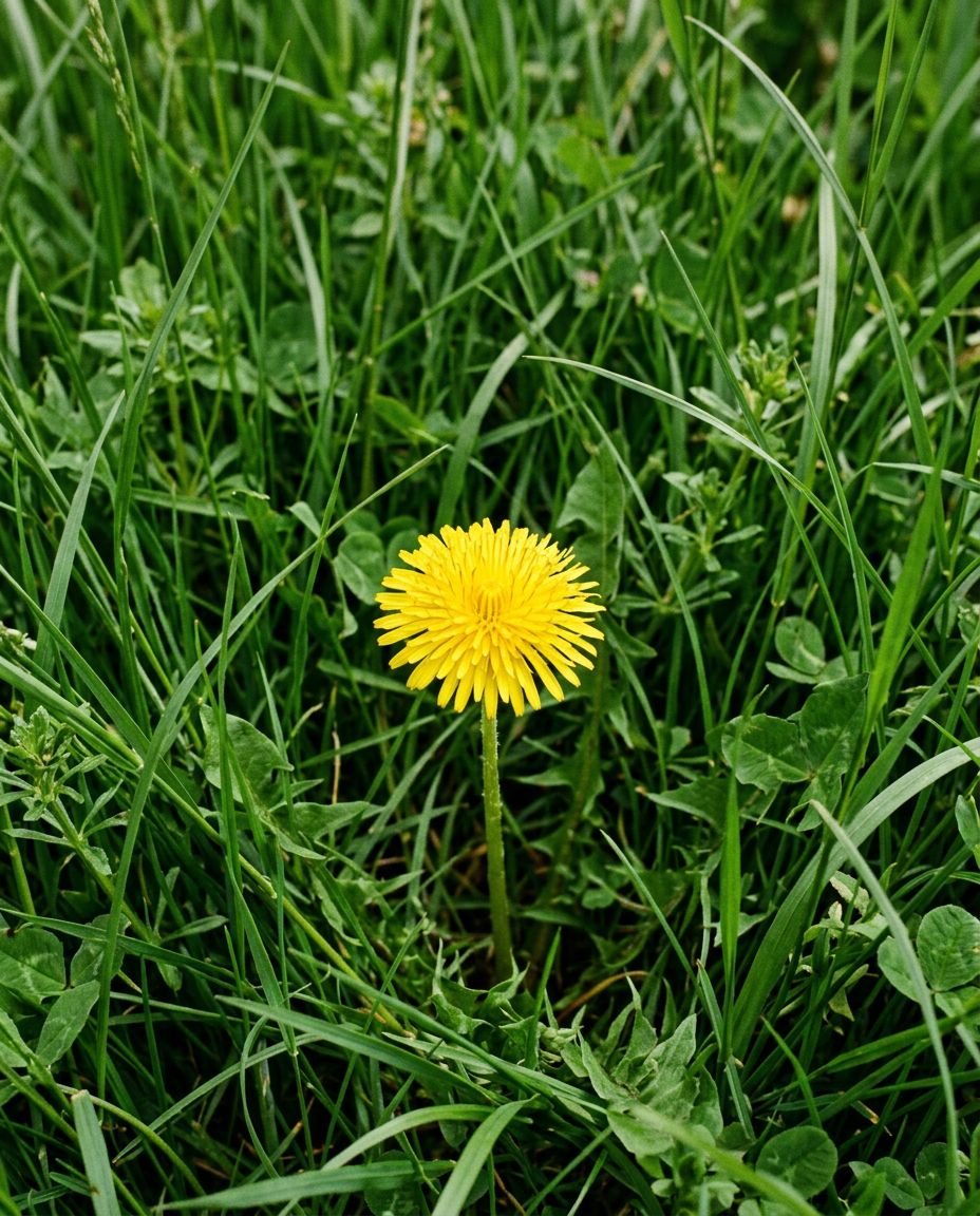 A single yellow dandelion growing in thick green turfgrass