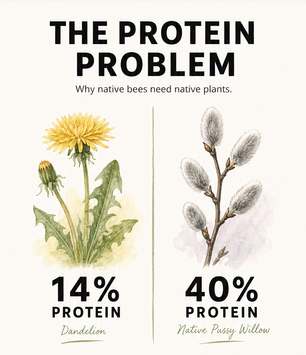 Comparison chart showing dandelions have 14 percent protein while native pussy willows have 40 percent